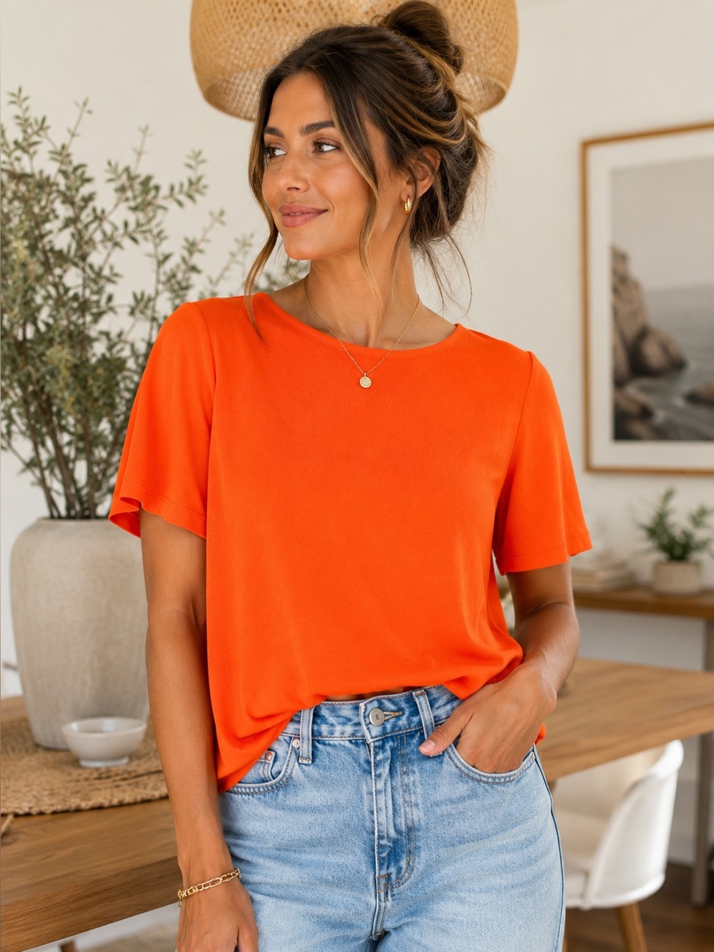 Cleo Crewneck Short-Sleeve Blouse in Bright Orange - S